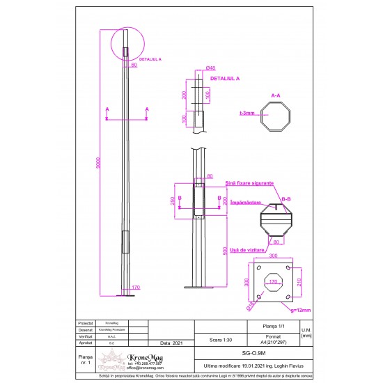 Stâlp Metalic Octogonal Zincat cu Flanșă - GS9M